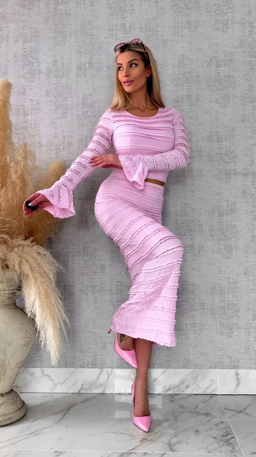 Wiosenny elastyczny komplet bluzka + midi spódnica ONE SIZE róż - R671