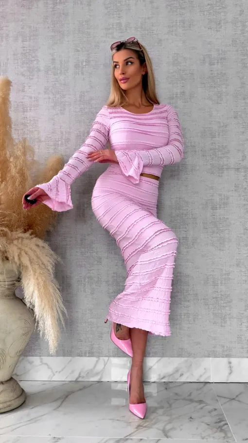 Wiosenny elastyczny komplet bluzka + midi spódnica ONE SIZE róż - R671