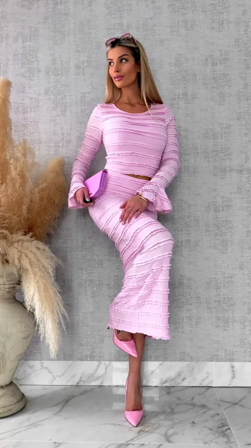 Wiosenny elastyczny komplet bluzka + midi spódnica ONE SIZE róż - R671