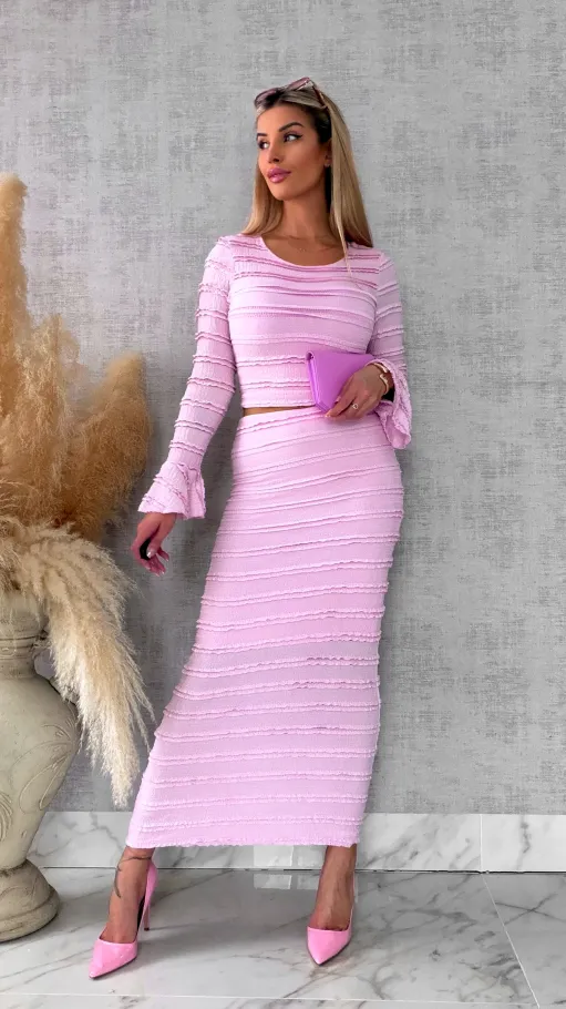 Wiosenny elastyczny komplet bluzka + midi spódnica ONE SIZE róż - R671