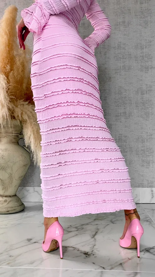 Wiosenny elastyczny komplet bluzka + midi spódnica ONE SIZE róż - R671