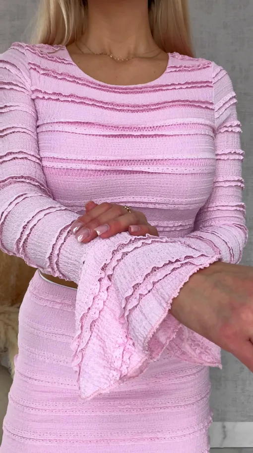 Wiosenny elastyczny komplet bluzka + midi spódnica ONE SIZE róż - R671