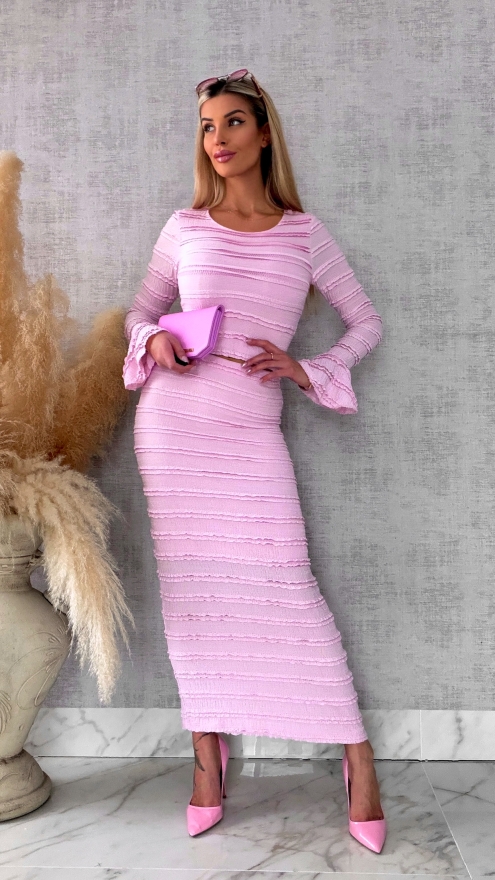 Wiosenny elastyczny komplet bluzka + midi spódnica ONE SIZE róż - R671