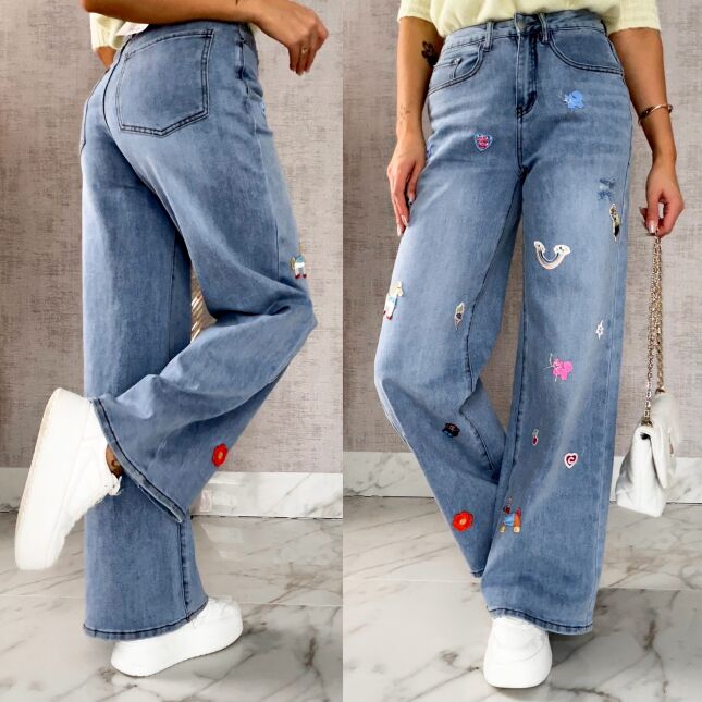 Ekskluzywne spodnie jeansowe BLUE JEANS z naszywkami - R634