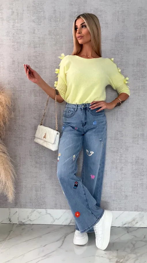 Ekskluzywne spodnie jeansowe BLUE JEANS z naszywkami - R634