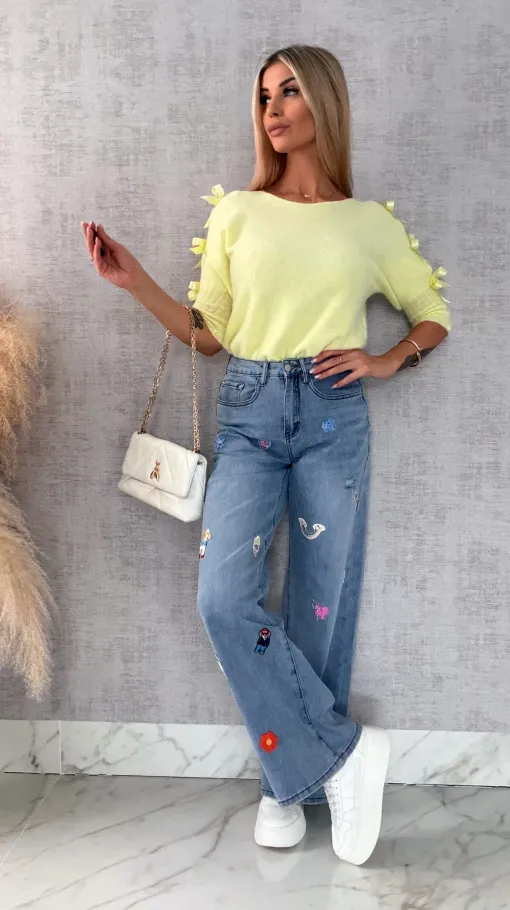 Ekskluzywne spodnie jeansowe BLUE JEANS z naszywkami - R634