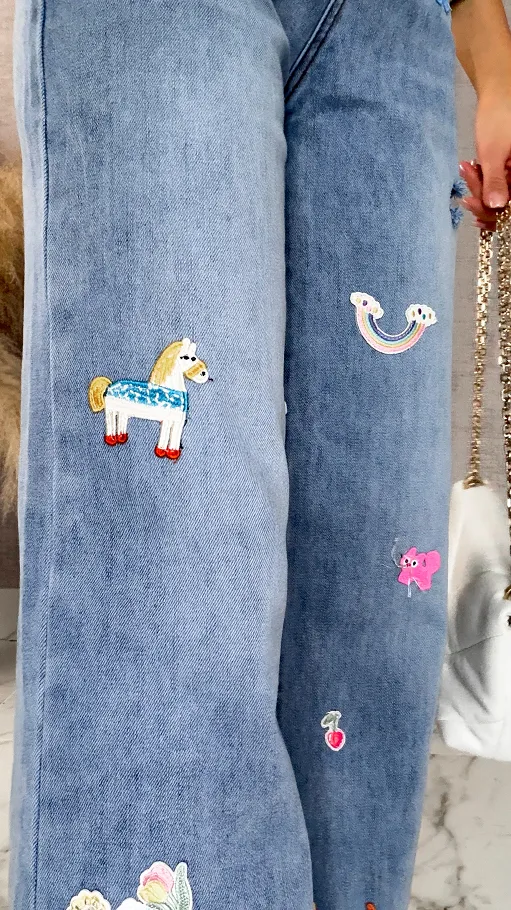 Ekskluzywne spodnie jeansowe BLUE JEANS z naszywkami - R634