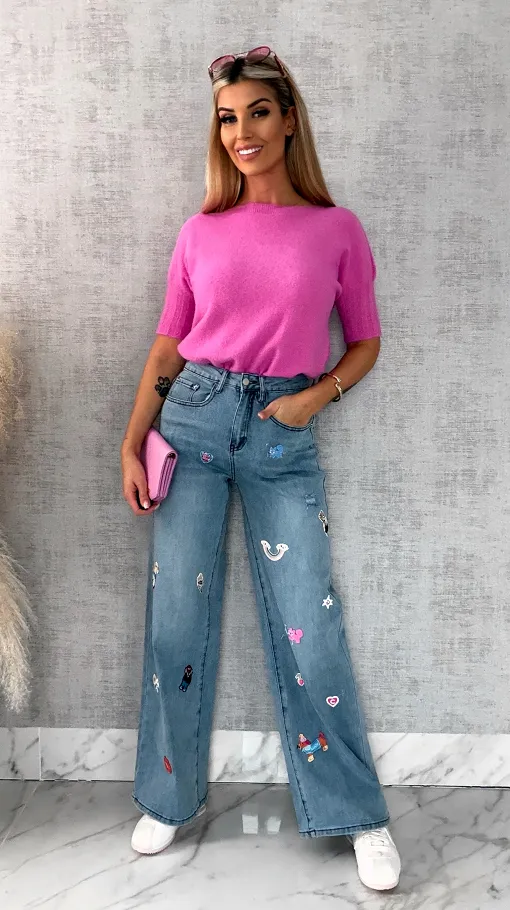 Ekskluzywne spodnie jeansowe BLUE JEANS z naszywkami - R634