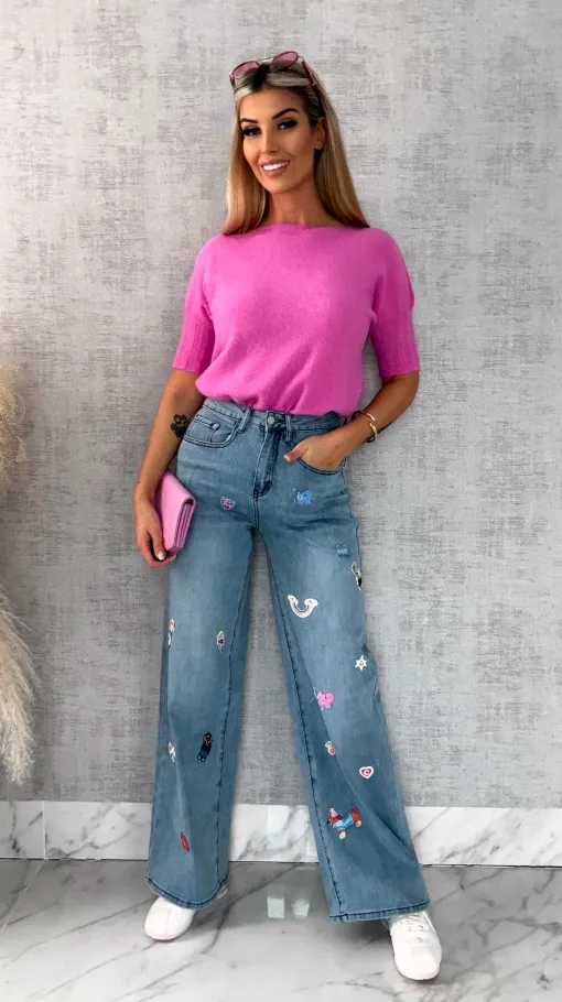 Ekskluzywne spodnie jeansowe BLUE JEANS z naszywkami - R634