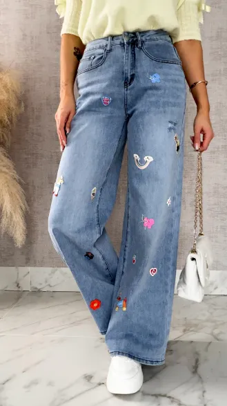 Ekskluzywne spodnie jeansowe BLUE JEANS z naszywkami - R634