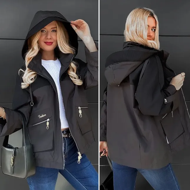 Kurtka przejściowa PARKA w czarnym kolorze zdobiona paskami - R050A