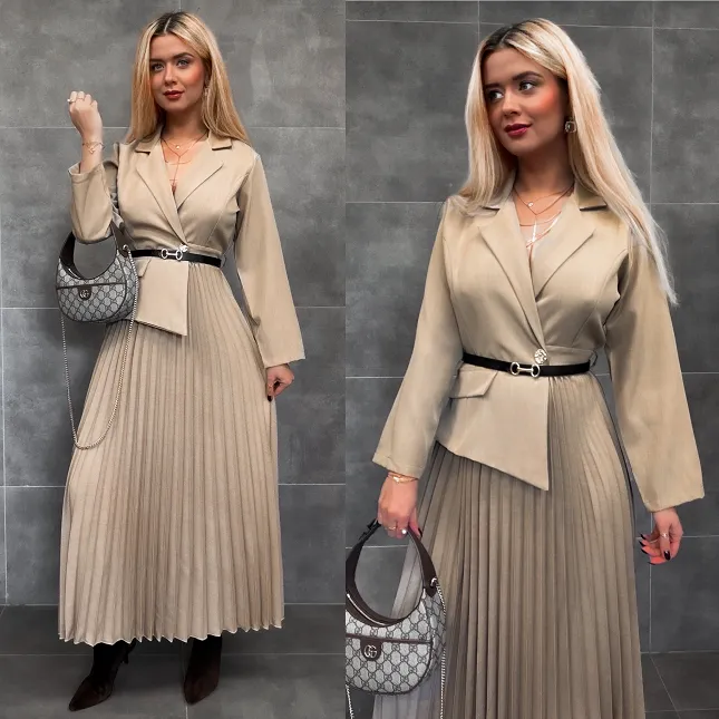 Beżowa długa MAXI sukienka z plisowanym dołem ONE SIZE - R281