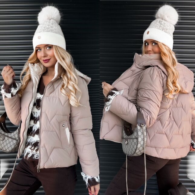 Lekka pikowana kurtka na zimę z kapturem BEŻOWA - R220A