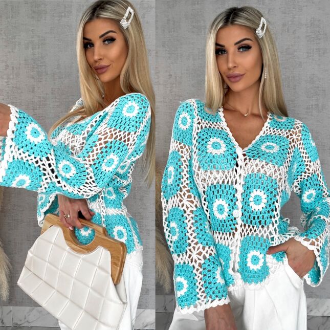 Ażurowy sweter szydełkowy na guziki ONE SIZE blue - R456A