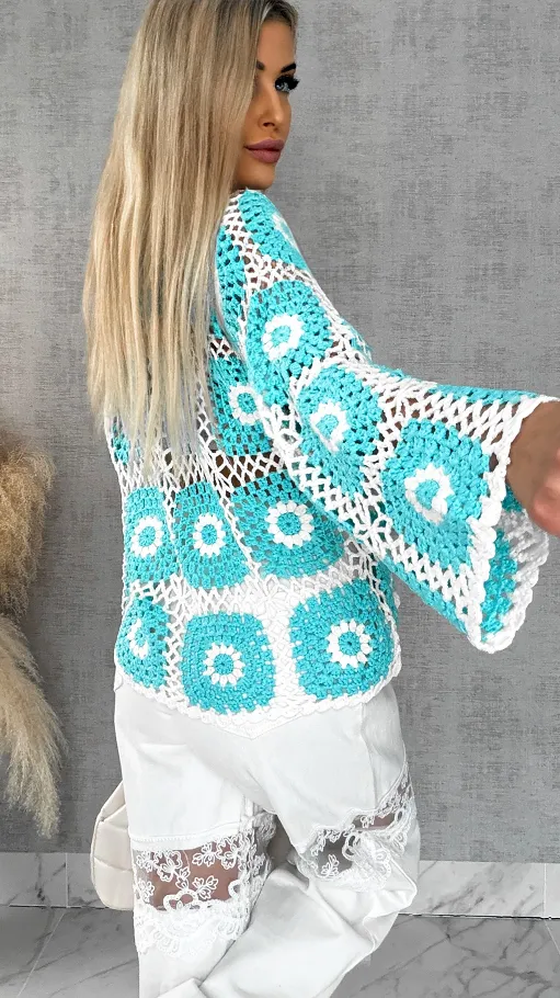 Ażurowy sweter szydełkowy na guziki ONE SIZE blue - R456A