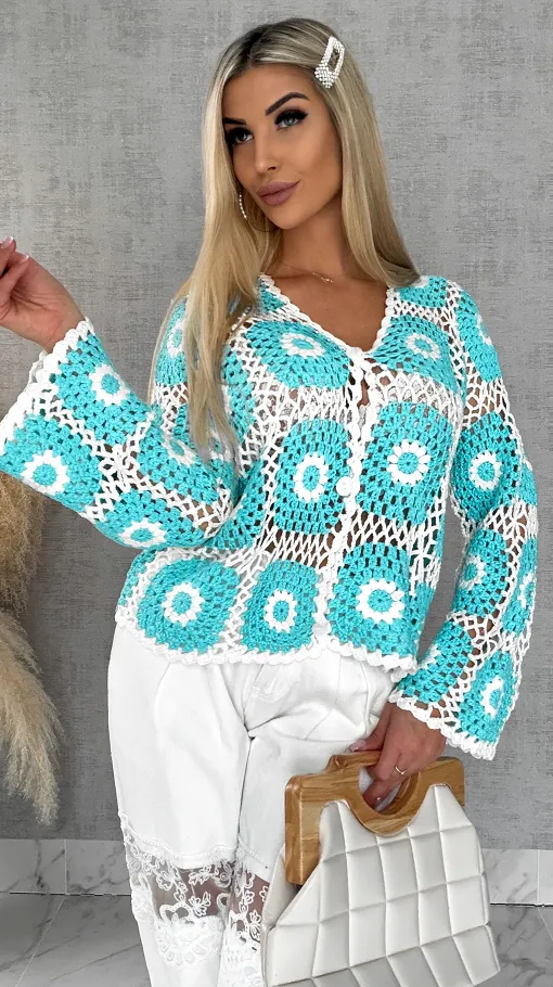 Ażurowy sweter szydełkowy na guziki ONE SIZE blue - R456A