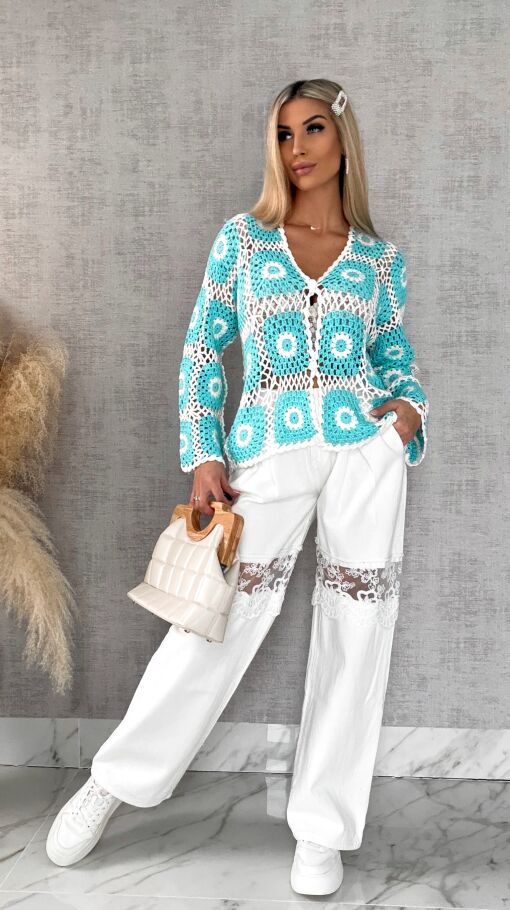 Ażurowy sweter szydełkowy na guziki ONE SIZE blue - R456A