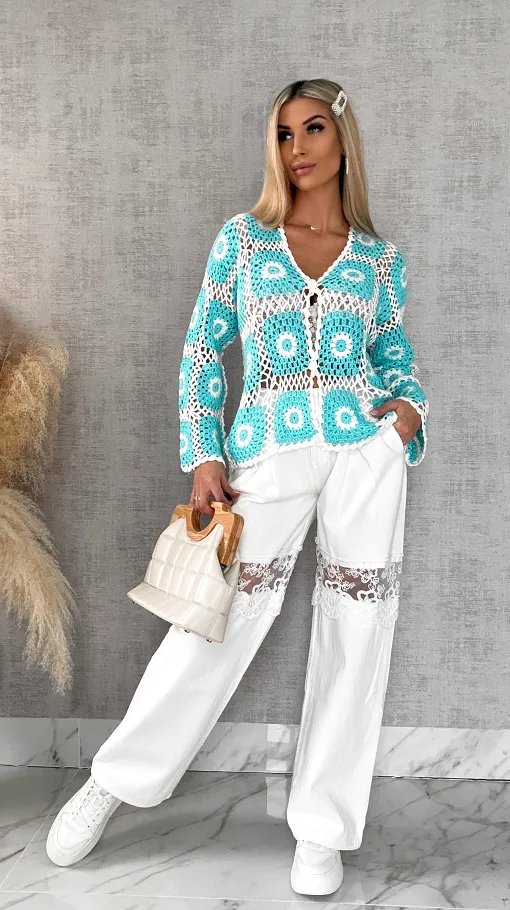 Ażurowy sweter szydełkowy na guziki ONE SIZE blue - R456A