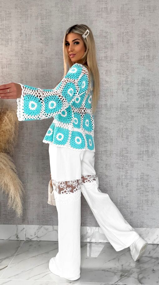 Ażurowy sweter szydełkowy na guziki ONE SIZE blue - R456A
