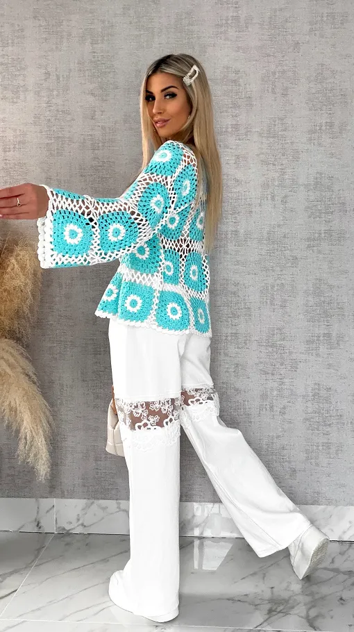 Ażurowy sweter szydełkowy na guziki ONE SIZE blue - R456A