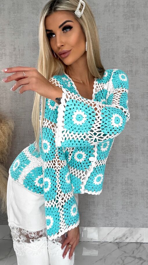 Ażurowy sweter szydełkowy na guziki ONE SIZE blue - R456A