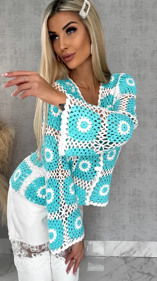 Ażurowy sweter szydełkowy na guziki ONE SIZE blue - R456A