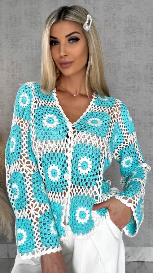 Ażurowy sweter szydełkowy na guziki ONE SIZE blue - R456A