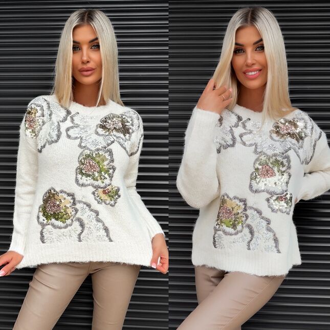 Jesienny sweter ze złotymi cekinowymi kwiatami ONE SIZE ecru - S368