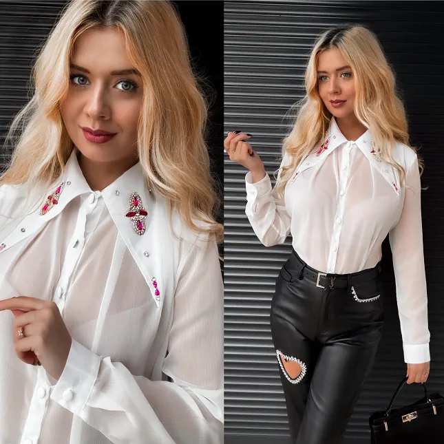 Biała bluzka MGIEŁKA zdobiony kołnierzyk - R346A