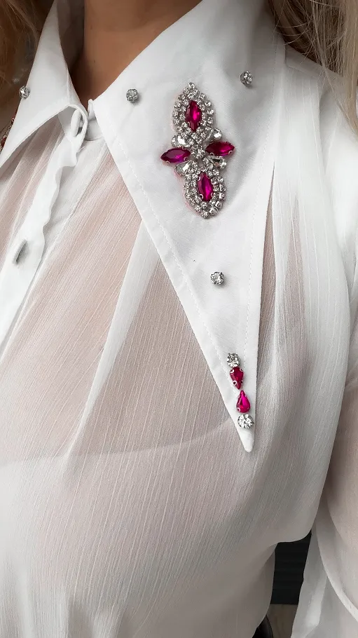 Biała bluzka MGIEŁKA zdobiony kołnierzyk - R346A