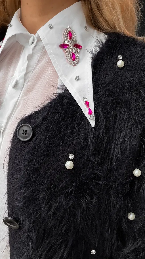 Biała bluzka MGIEŁKA zdobiony kołnierzyk - R346A