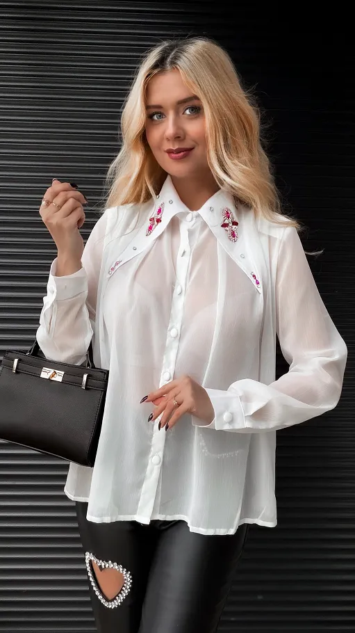 Biała bluzka MGIEŁKA zdobiony kołnierzyk - R346A