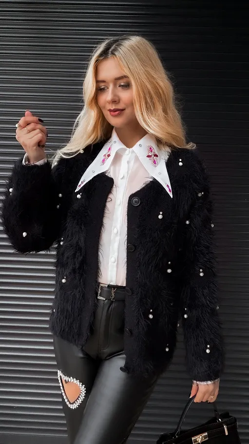 Biała bluzka MGIEŁKA zdobiony kołnierzyk - R346A