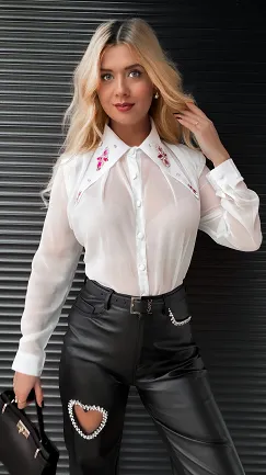 Biała bluzka MGIEŁKA zdobiony kołnierzyk - R346A