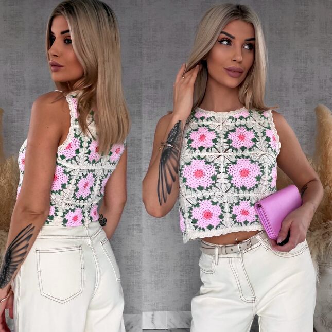 Ażurowy szydełkowy bezrękawnik ONE SIZE pink - R746