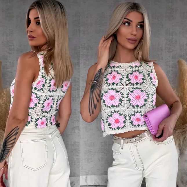 Ażurowy szydełkowy bezrękawnik ONE SIZE pink - R746