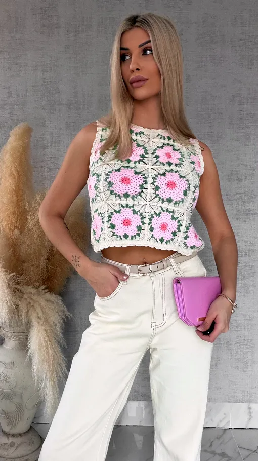 Ażurowy szydełkowy bezrękawnik ONE SIZE pink - R746