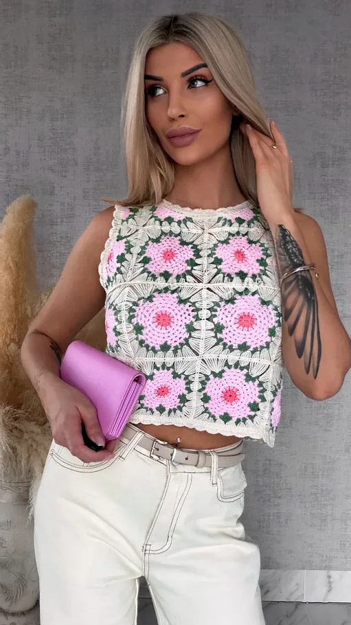 Ażurowy szydełkowy bezrękawnik ONE SIZE pink - R746