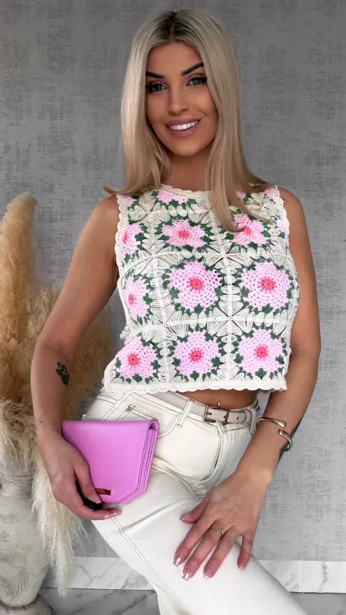 Ażurowy szydełkowy bezrękawnik ONE SIZE pink - R746