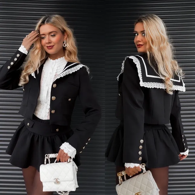 Elegancki czarny komplet MARYNARKA + spódnico spodenki - R393A