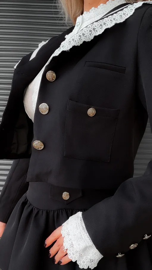 Elegancki czarny komplet MARYNARKA + spódnico spodenki - R393A