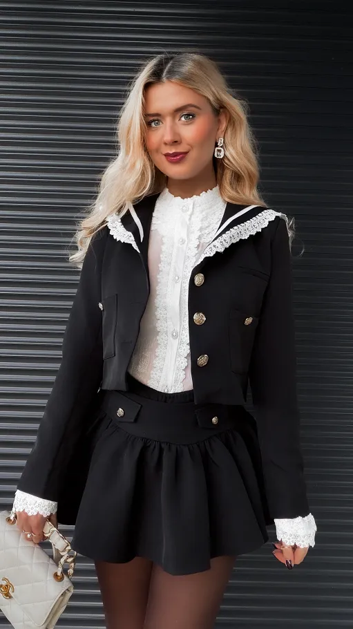 Elegancki czarny komplet MARYNARKA + spódnico spodenki - R393A