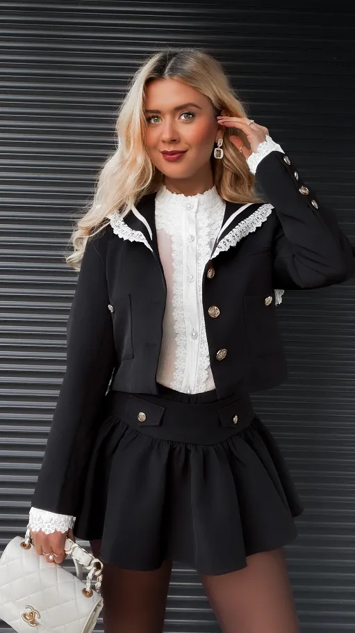 Elegancki czarny komplet MARYNARKA + spódnico spodenki - R393A