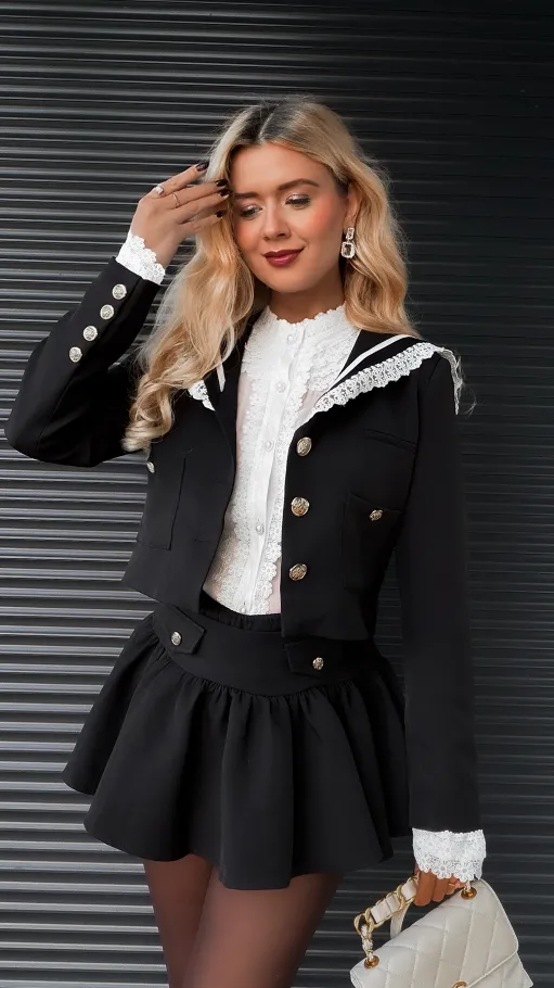 Elegancki czarny komplet MARYNARKA + spódnico spodenki - R393A