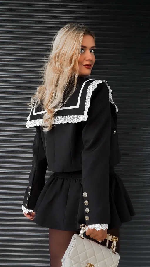 Elegancki czarny komplet MARYNARKA + spódnico spodenki - R393A