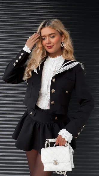 Elegancki czarny komplet MARYNARKA + spódnico spodenki - R393A