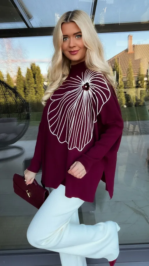 Sweter tunika z kontrastowym kwiatem ONE SIZE bordowy - R331A