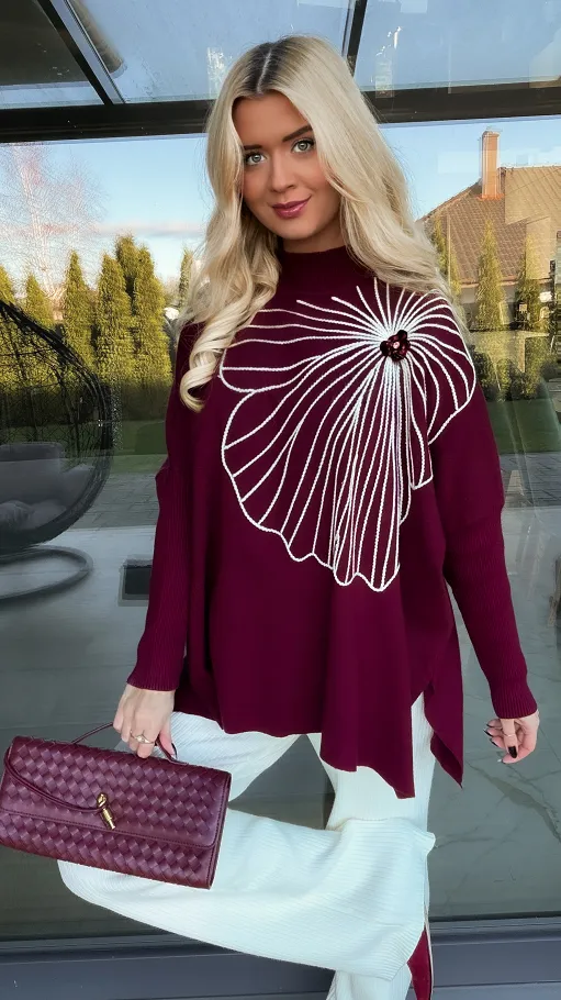 Sweter tunika z kontrastowym kwiatem ONE SIZE bordowy - R331A