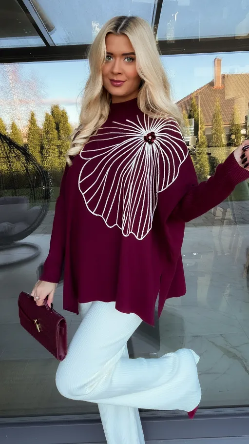 Sweter tunika z kontrastowym kwiatem ONE SIZE bordowy - R331A
