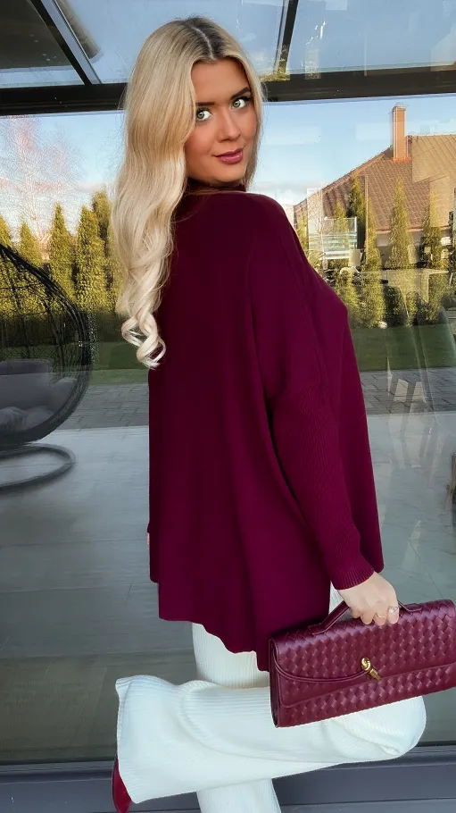 Sweter tunika z kontrastowym kwiatem ONE SIZE bordowy - R331A